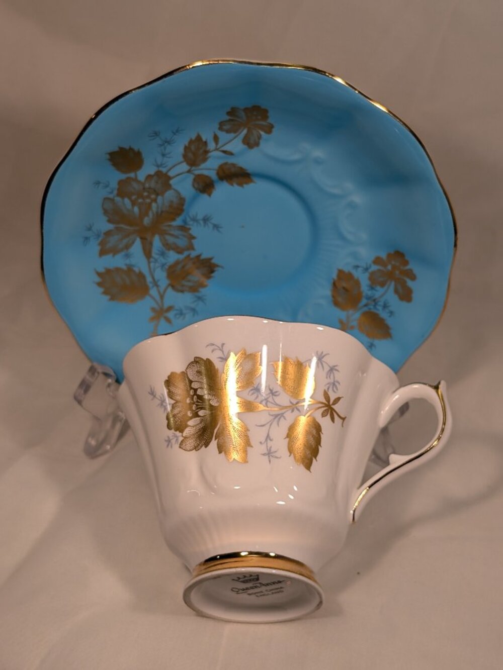 Vintage Queen Anne Turquoise Blue Gold Teacup Saucer Fine Bone China